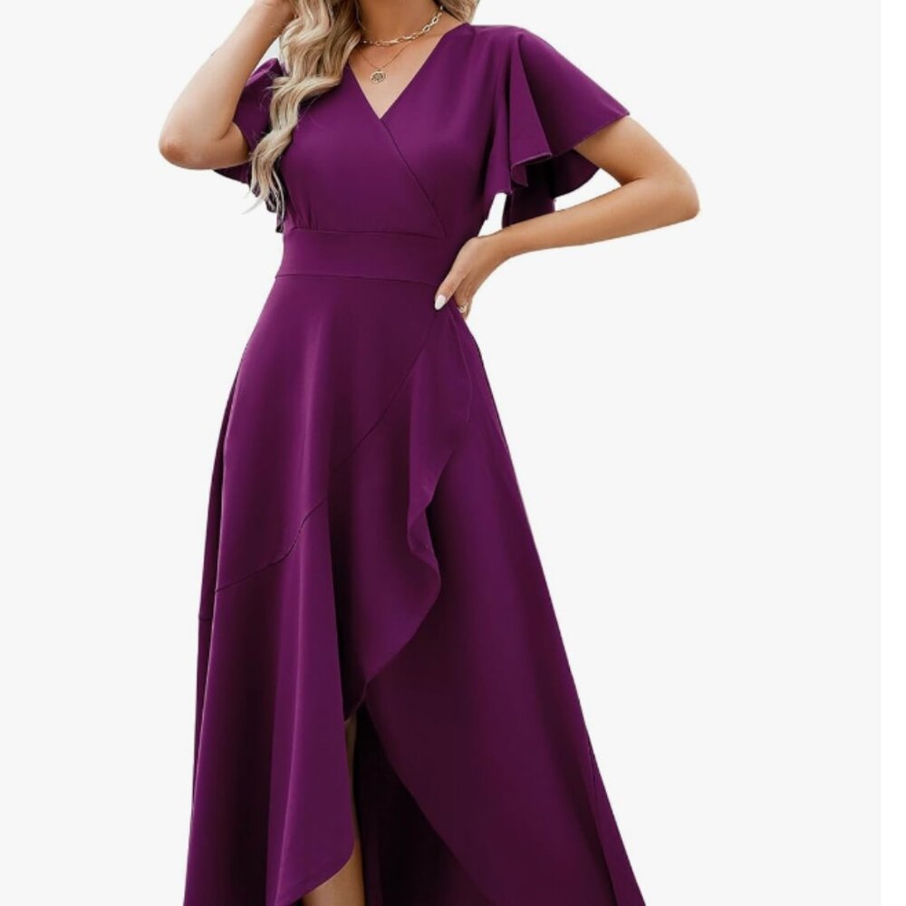 ZZV Split Elegant V Neck Wrap Ruffle Wedding Guest Dresses (Purple, M)